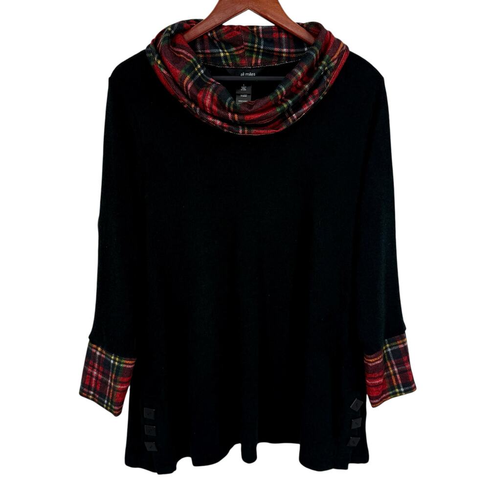 Ali Miles Sz Large Black Red Plaid Christmas Wearable Art Knit Blouse Shirt Top